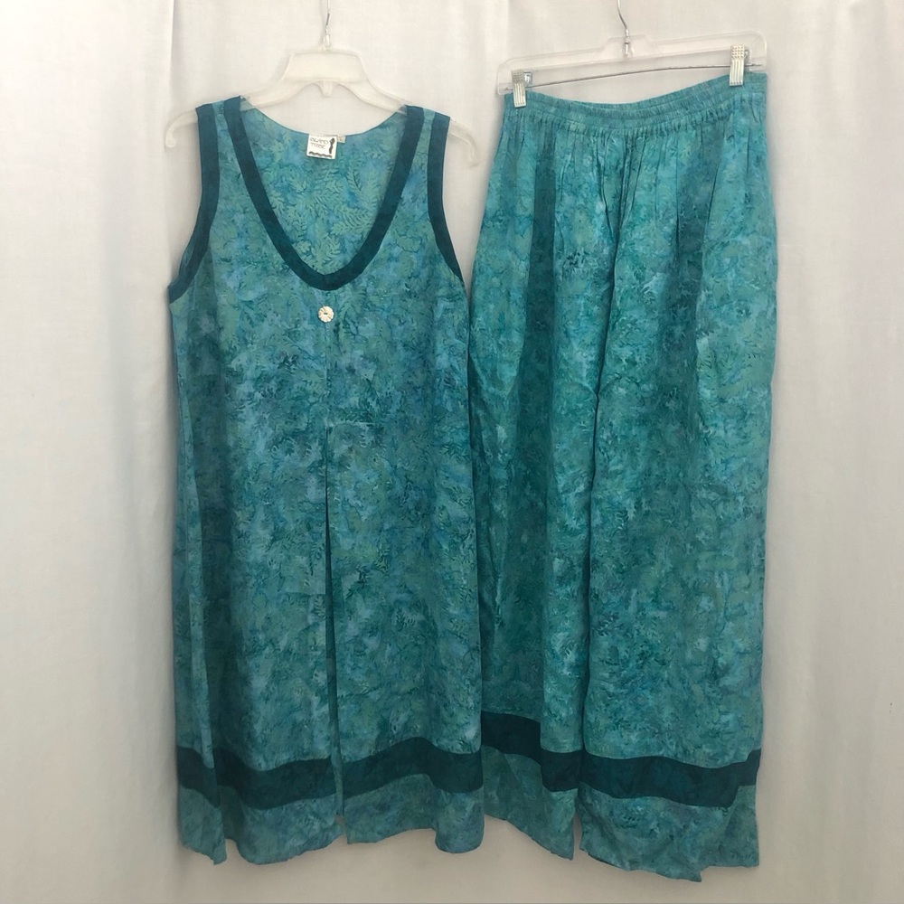 Island Tribe Batik Rayon Pant Outfit Set Boho Artsy Women's Large